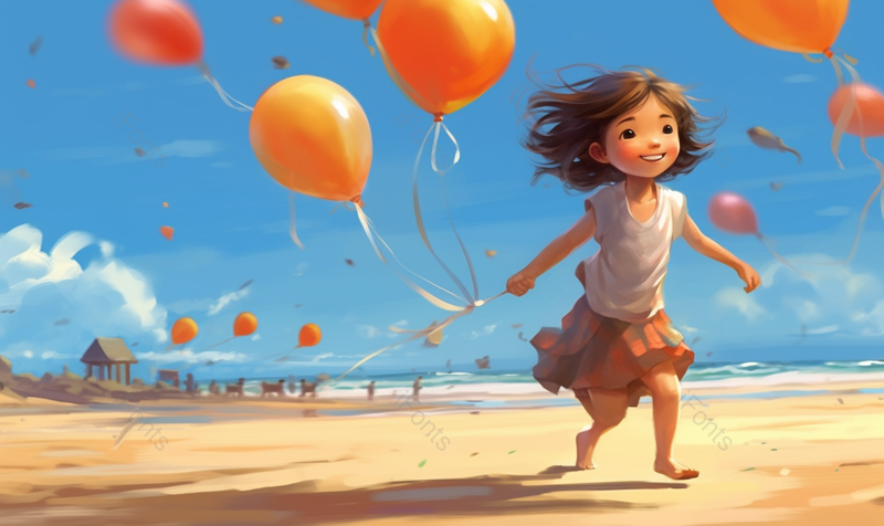 卡通女孩微笑拿着气球跑过来夏天儿童小孩湖边海边大海游玩嬉戏可爱唯美插画,插画/手绘图,插画/手绘图库,插画/手绘图下载,插画/手绘